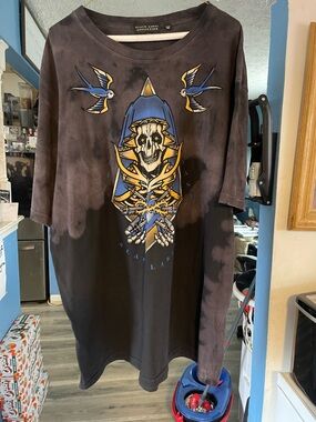 Affliction Black Tee with Blue and Gold Graphic
